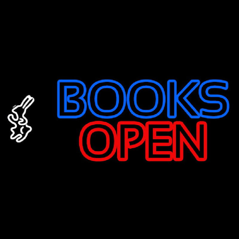 Blue Books With Rabbit Logo Open Enseigne Néon