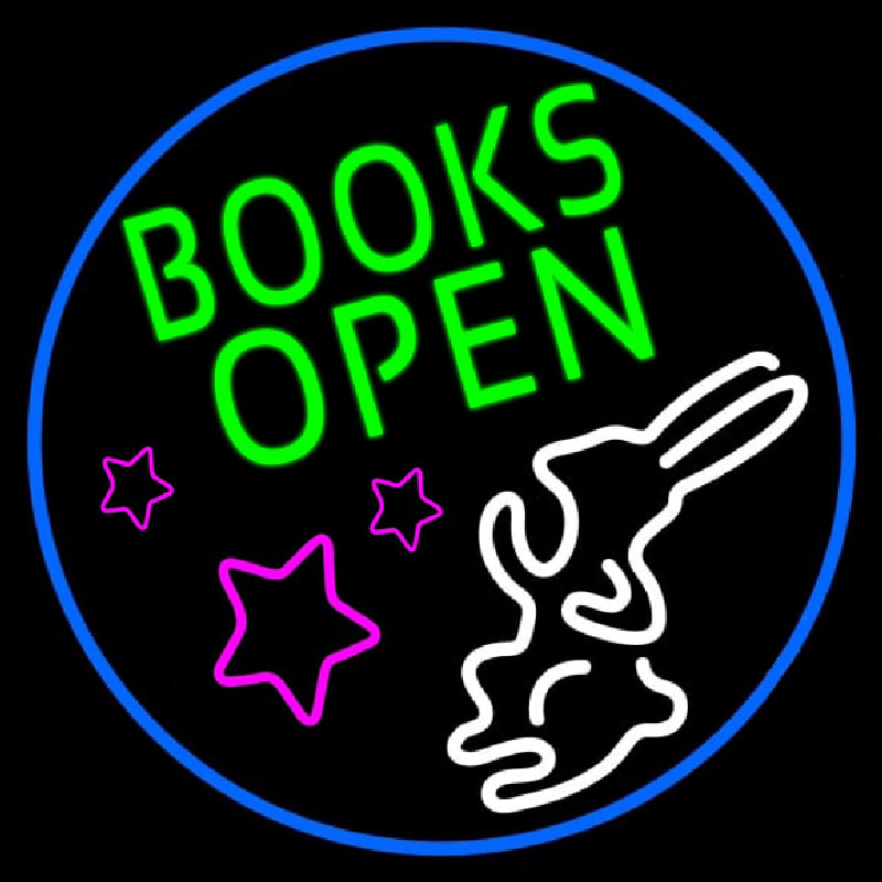 Green Books With Rabbit Logo Open Enseigne Néon