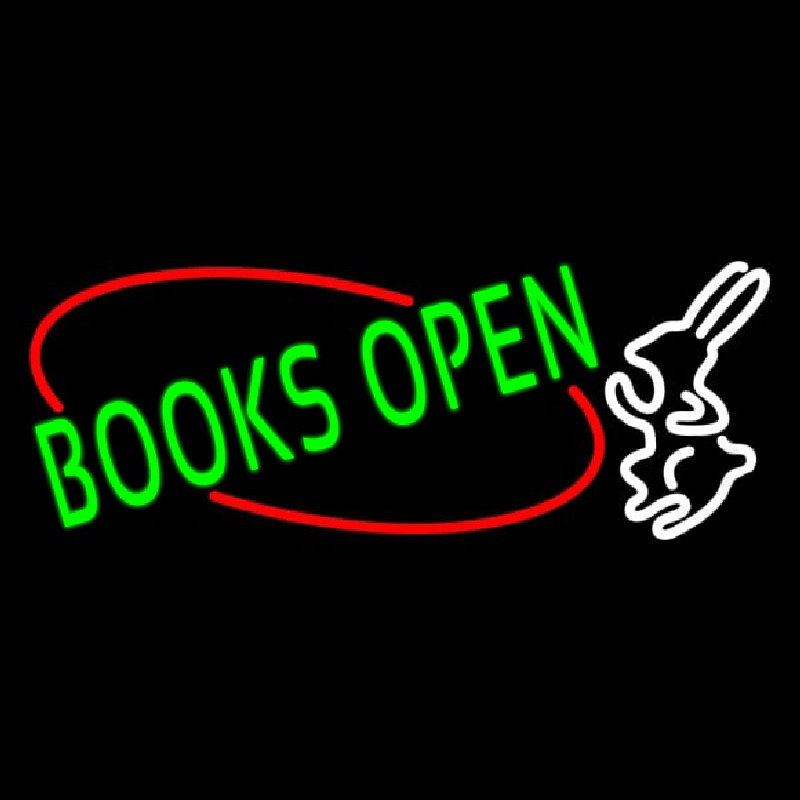 Green Books With Rabbit Logo Open Enseigne Néon