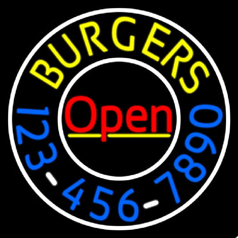 Open Burgers With Numbers Circle Enseigne Néon