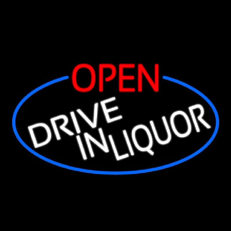 Open Drive In Liquor Oval With Blue Border Enseigne Néon