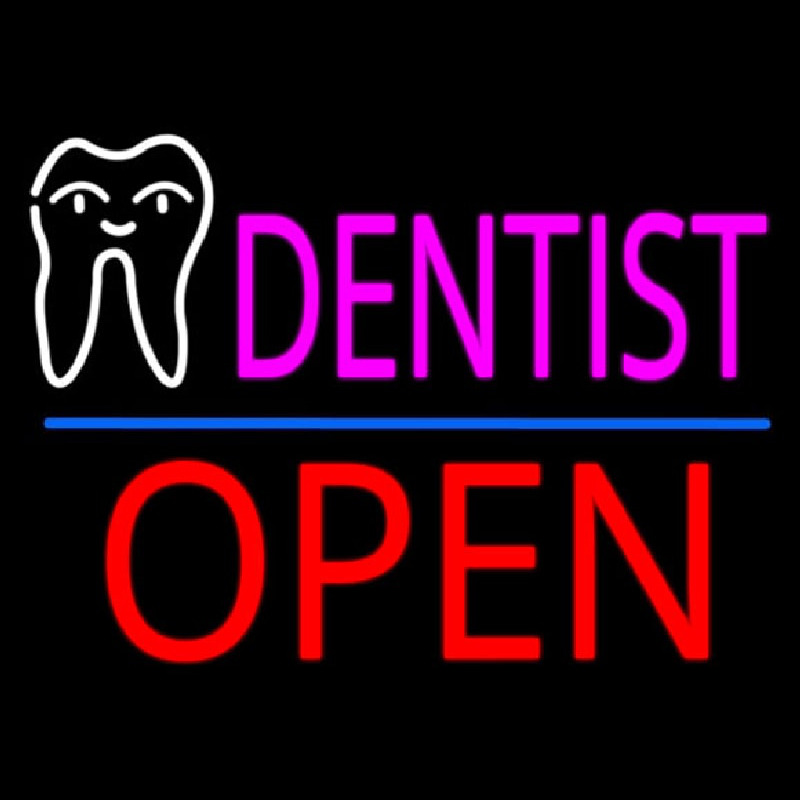 Pink Dentist White Tooth Blue Line Open Enseigne Néon