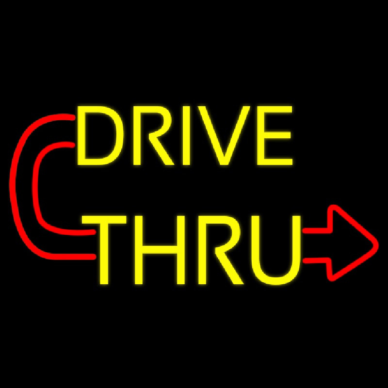 Red Drive Thru With Curved Arrow Enseigne Néon