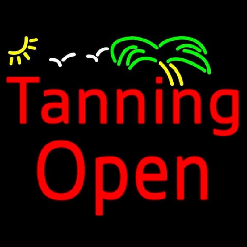 Red Tanning Open With Palm Tree Enseigne Néon