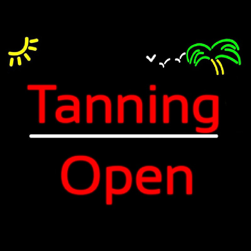 Red Tanning Open White Line With Palm Tree Enseigne Néon