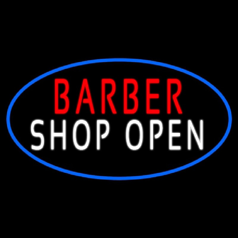 Barber Shop Open With Blue Border Enseigne Néon