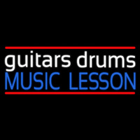 White Guitar Drums Blue Music Lesson Enseigne Néon